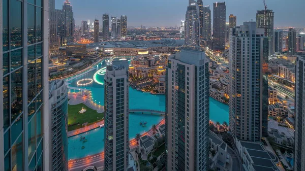 Dubai Downtown Fountains Modern Futuristic Architecture Aerial Night Day Transition — Stock Fotó