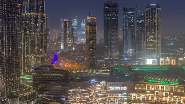 Dubai Downtown Fountains Modern Futuristic Architecture Aerial Day Night Transition — Fotografia de Stock