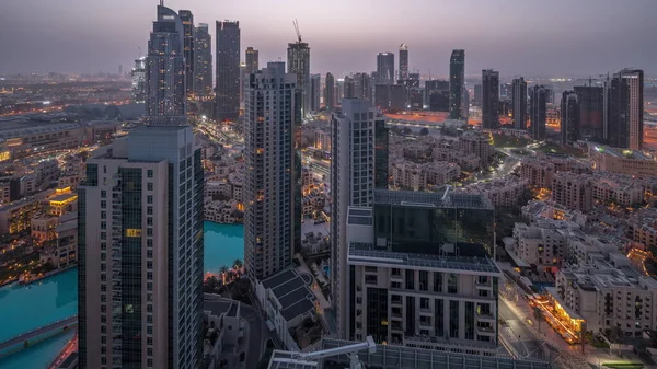 Aerial Panoramic View Futuristic City Night Day Transition Business Bay — Fotografia de Stock