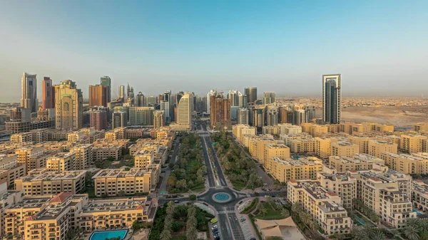 Panorama Showing Skyscrapers Barsha Heights District Low Rise Buildings Greens — 스톡 사진