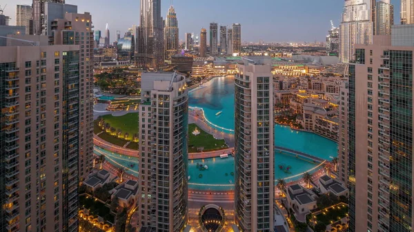 Dubai Downtown Cityscape Tallest Skyscrapers Fountain Aerial Day Night Transition — Stockfoto