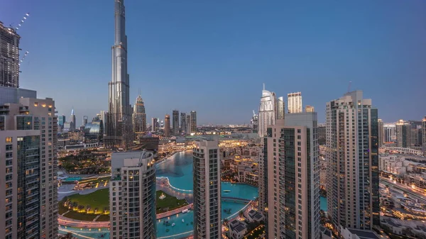 Dubai Downtown Cityscape Tallest Skyscrapers Aerial Day Night Transition Sunset — Stock Photo, Image