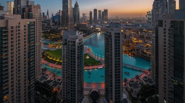 Dubai Downtown Cityscape Tallest Skyscrapers Fountain Aerial Night Day Transition — Stockfoto