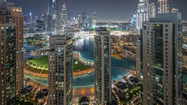 Panorama Showing Dubai Downtown Cityscape Tallest Skyscrapers Aerial Night Construction — Fotografia de Stock