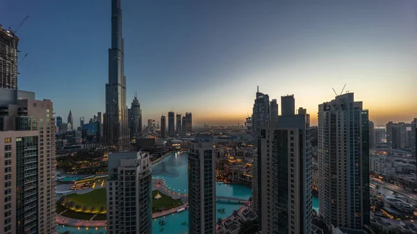Dubai Downtown Cityscape Tallest Skyscrapers Sunrise Aerial Night Day Transition — Stock Photo, Image