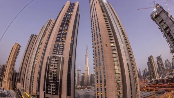 Panorama Tallest Skyscrapers Downtown Dubai Located Bouleward Street Shopping Mall — Stok fotoğraf
