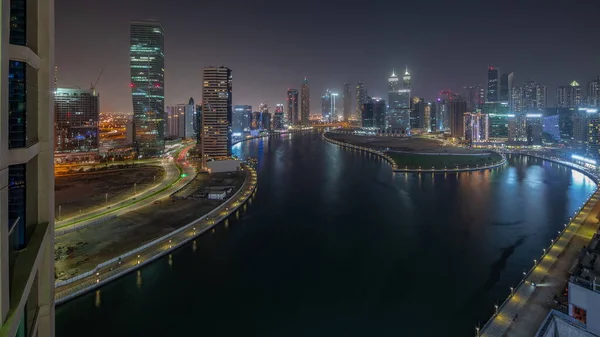 Krajobraz Nabrzeża Drapaczy Chmur Dubai Business Bay Antenową Nocą Nad — Zdjęcie stockowe