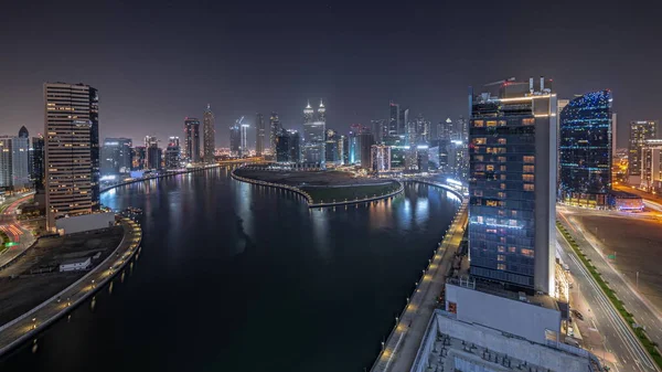 Panorama Showing Cityscape Skyscrapers Dubai Business Bay Water Canal Aerial — Stock Photo, Image
