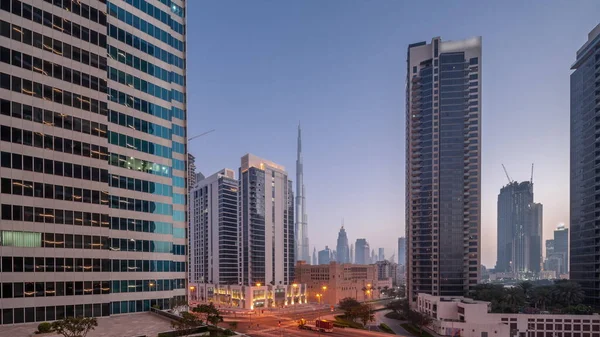 Aerial Panoramic View Dubai Downtown Difc Skyscrapers Busy Traffic Intersection — Zdjęcie stockowe