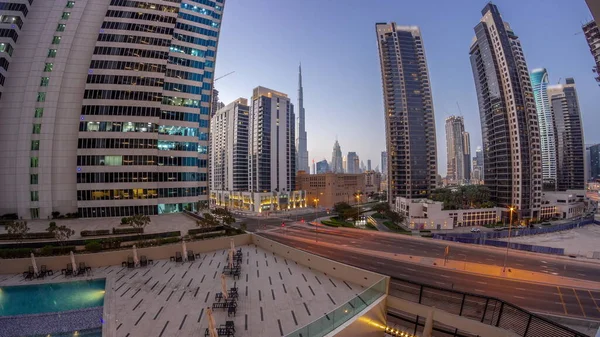 Panorama Aéreo Del Centro Dubái Rascacielos Difc Con Tráfico Ocupado —  Fotos de Stock