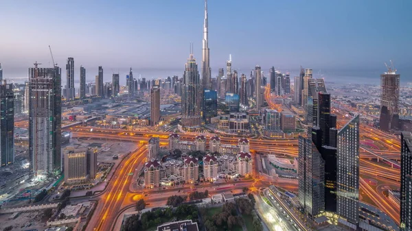 Повітряна Панорама Найвищих Веж Дубая Центрі Міста Вночі Сходу Сонця — стокове фото