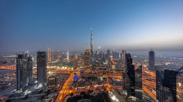 Aerial Panorama Tallest Towers Dubai Downtown Skyline Highway Day Night — Stock fotografie