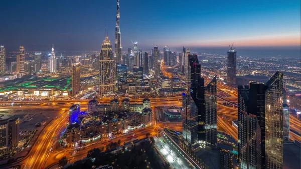 Повітряний Вид Найвищих Веж Дубаї Даунтаун Скайлайн Шосе Дня Ніч — стокове фото