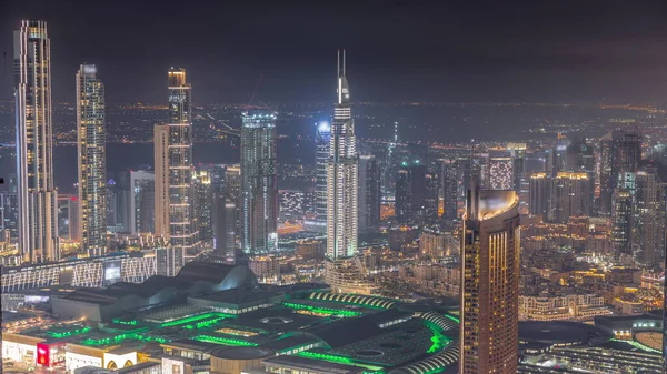 Légi Kilátás Legmagasabb Tornyok Dubai Belvárosában Skyline Bevásárlóközpont Este Pénzügyi — Stock Fotó