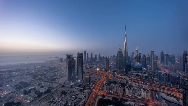 Aerial Panoramic View Tallest Towers Dubai Downtown Skyline Night Day — Fotografia de Stock