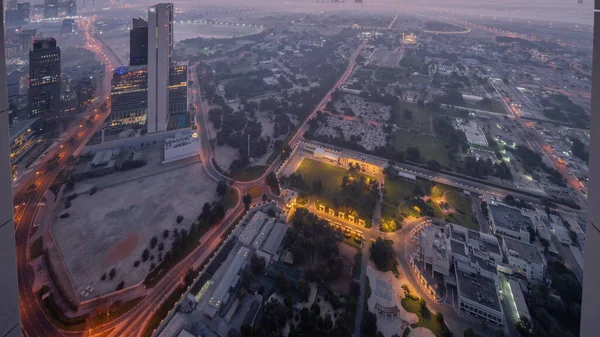 Βίλες Στην Περιοχή Zabeel Ουρανοξύστες Φόντο Εναέρια Νύχτα Καθημερινή Μετάβαση — Φωτογραφία Αρχείου