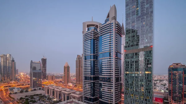 Повітряний Вид Міжнародного Фінансового Району Дубай Багатьма Хмарочосами Від Ночі — стокове фото