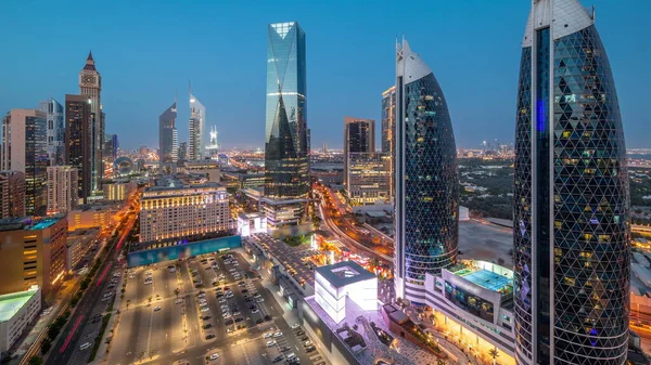 Воздушный Панорамный Вид Дубайский Международный Финансовый Район Многими Небоскребами Ночью — стоковое фото