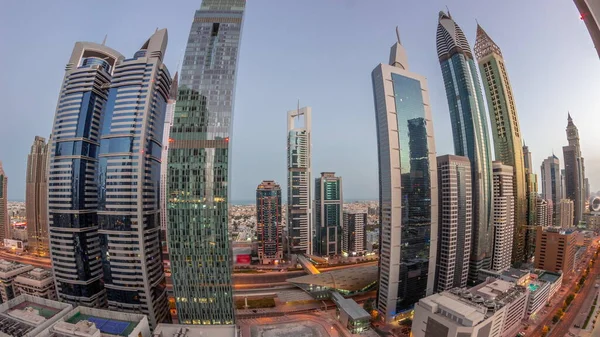 Международный Финансовый Район Дубая Множеством Небоскребов Ночью Днем Восходом Солнца — стоковое фото