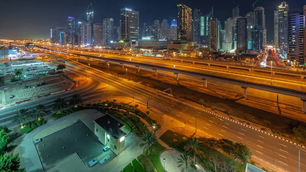 Dubai Marina Rascacielos Sheikh Zayed Carretera Con Metro Panorámica Aérea —  Fotos de Stock