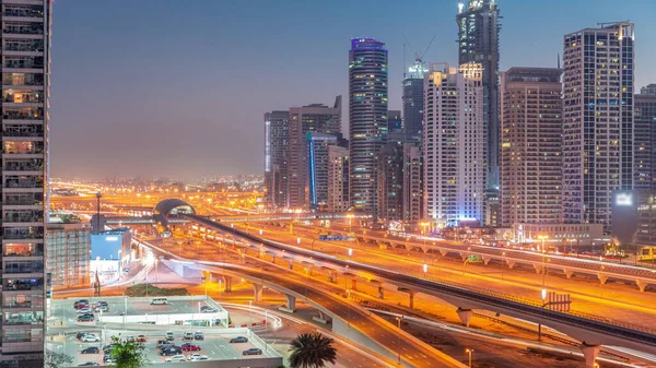 Dubai Marina Wolkenkrabbers Sheikh Zayed Weg Met Metro Spoorlijn Antenne — Stockfoto
