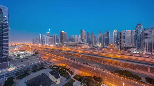Dubai Marina Skyscrapers Sheikh Zayed Road Metro Railway Aerial Night —  Fotos de Stock