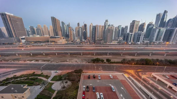 Ντουμπάι Marina Ουρανοξύστες Και Sheikh Zayed Δρόμο Μετρό Εναέρια Νύχτα — Φωτογραφία Αρχείου