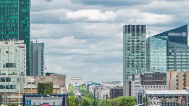 Панорама Сучасних Хмарочосів Відомому Фінансовому Діловому Районі Парижа Оборона Хмарове — стокове відео