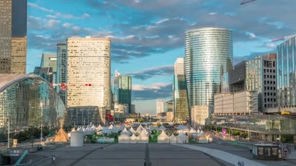 Modern Skyscrapers Sunset Timelapse Financial Business District Paris Defense Reflections — Stock Video