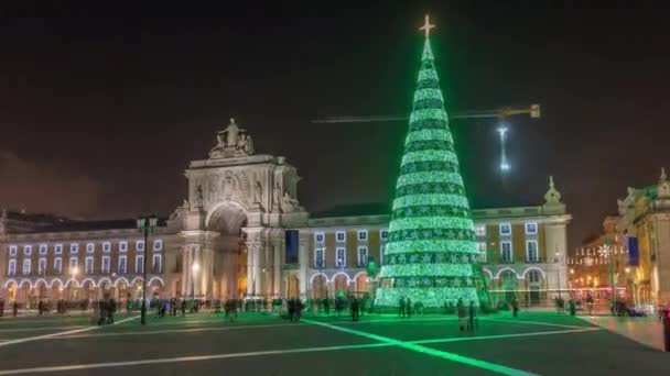 Commerce Square Illuminated Decorated Christmas Time Lisbon Night Timelapse Hyperlapse — Video