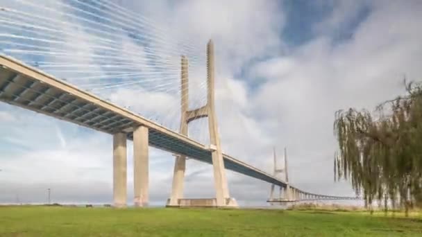 Architectural Landmark Vasco Gama Bridge Tagus River Lisbon Portugal Green — Stockvideo