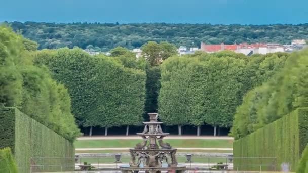 花园和喷泉中整洁整洁的小巷 背景时间从上而下 法国凡尔赛城堡的著名宫殿中美丽的花园 夏日多云的天空 — 图库视频影像