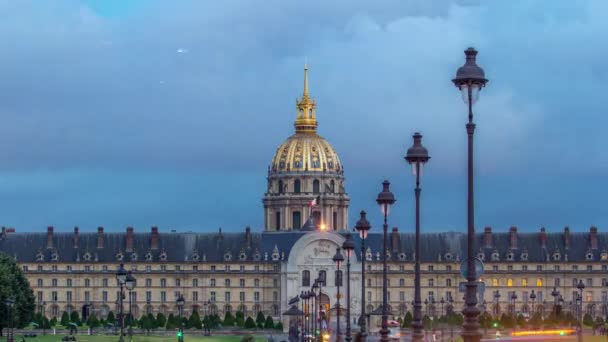 Les Invalides Timelapse Transición Día Noche París Francia Encendiendo Iluminación — Vídeos de Stock