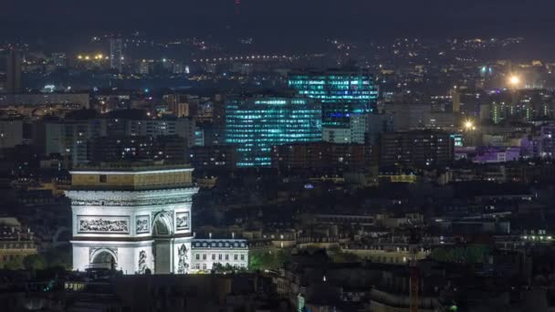 Luftaufnahme Der Stadt Paris Und Des Triumphbogens Der Nacht Auf — Stockvideo
