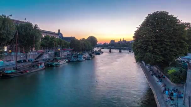 Aerial View Pont Des Arts Paris Sunset Day Night Transition — Stock Video