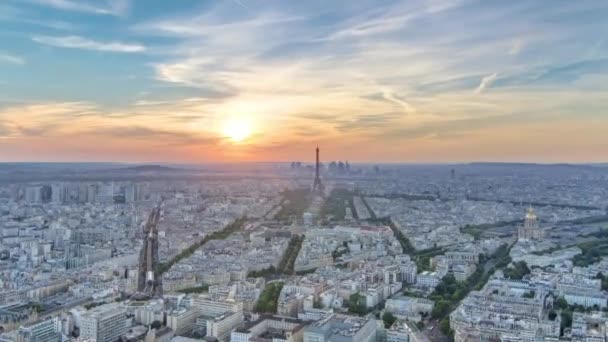 Panorama Paryża Zachodzie Słońca Widok Lotu Ptaka Wieży Eiffla Tarasu — Wideo stockowe