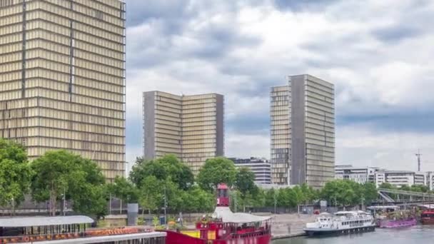 Національна Бібліотека Франції Timelapse Hyperlapse Чиї Чотири Будівлі Вигляді Відкритих — стокове відео