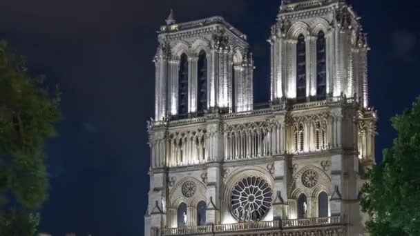 Noční Přehled Osvětlené Notre Dame Paris Timelapse Hyperlapse Francie Letecký — Stock video