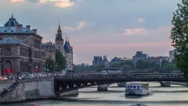 Ponte Pont Darcole Após Pôr Sol Com Barcos Dia Noite — Vídeo de Stock