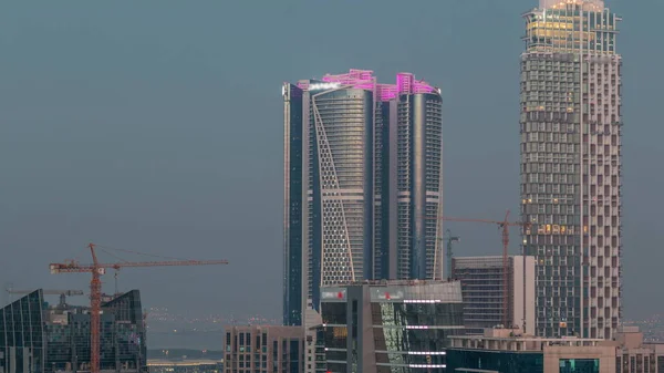 Rascacielos Transición Aérea Día Noche Business Bay Dubai Emiratos Árabes — Foto de Stock