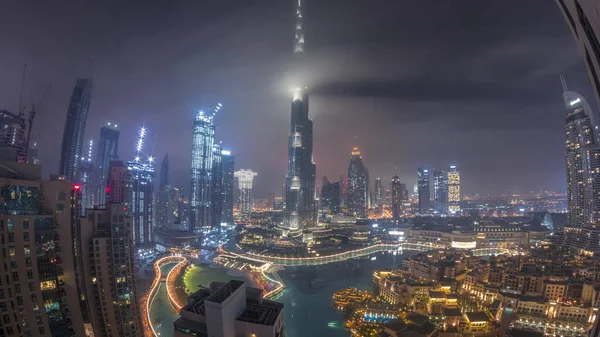 Wolkenkratzer Über Dubai Downtown Während Der Ganzen Nacht Mit Ausgeschaltetem — Stockfoto