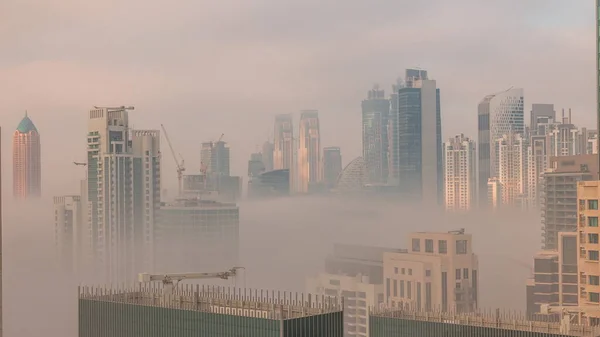 Dubai Skyscrapers Covered Morning Fog Business Bay District Sunrise Aerial — Stock Photo, Image