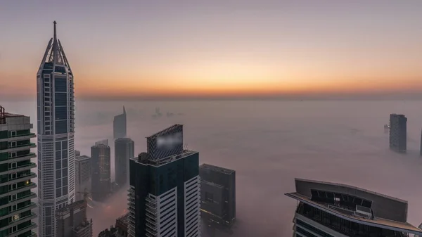 Rare Early Morning Winter Fog Dubai Marina Skyline Skyscrapers Lighted — Foto de Stock