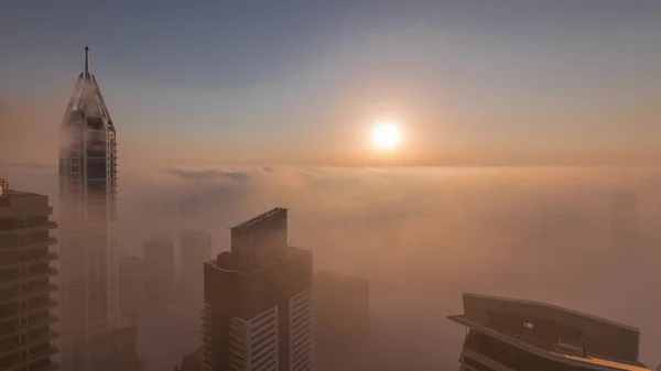 Sunrise Rare Early Morning Winter Fog Dubai Marina Skyline Skyscrapers — Stock Fotó