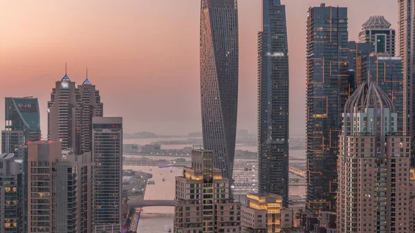 Skyscrapers Dubai Marina Illuminated Highest Residential Buildings Day Night Transition — Stock Photo, Image