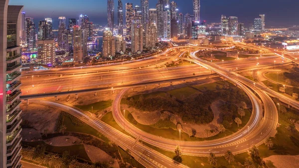 Panorama Dubai Marina Highway Intersection Spaghetti Junction Day Night Transition — Stock Photo, Image