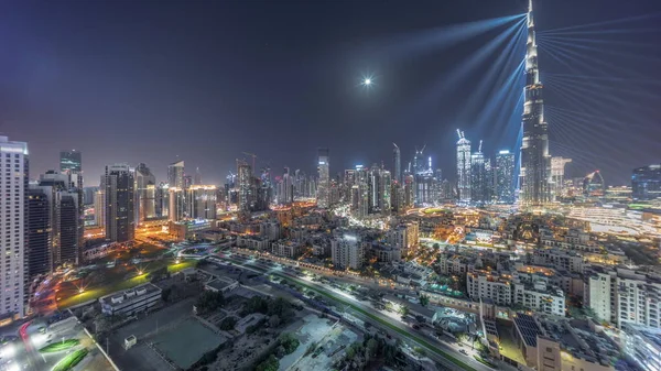 Дубай Даунтаун Протягом Всієї Нічної Панорами Високими Хмарочосами Іншими Освітленими — стокове фото