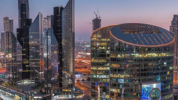 Dubai International Financial Center Skyscrapers Aerial Day Night Transition Illuminated — Fotografia de Stock
