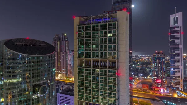 Dubai Internationella Finansiella Centrum Skyskrapor Antenn Hela Natten Belysta Torn — Stockfoto