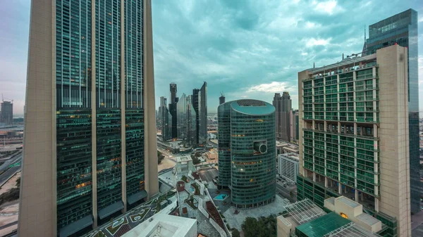 Dubai International Financial Center Skyscrapers Panorama Aerial Night Day Transition — Stock fotografie